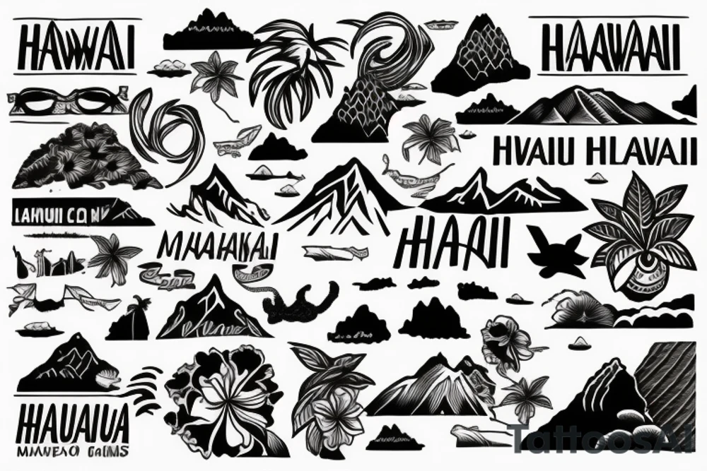 Hawaii theme including mountains and the ocean, letters saying mauka makai tattoo idea