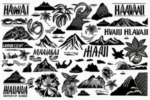 Hawaii theme including mountains and the ocean, letters saying mauka makai tattoo idea