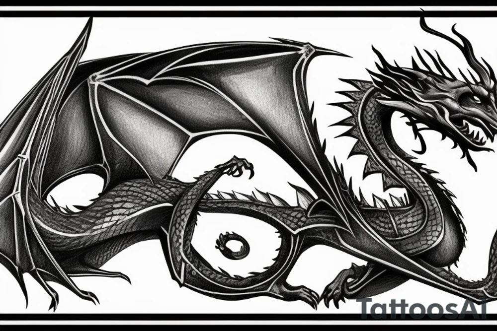 Dragon that wraps around in the shape of a music note with the Infinity blade going through it tattoo idea