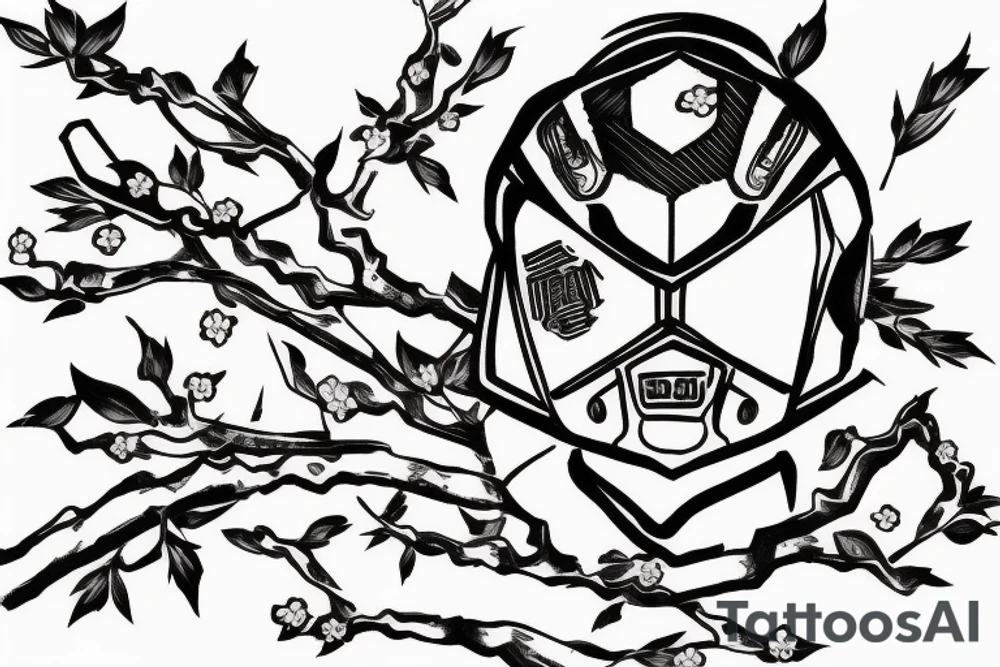 Head of a Zaku overlayed on top of a cherry blossom tree branch tattoo idea