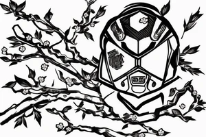 Head of a Zaku overlayed on top of a cherry blossom tree branch tattoo idea