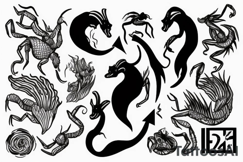 Goat mermaid, scorpion, libra scale tattoo idea