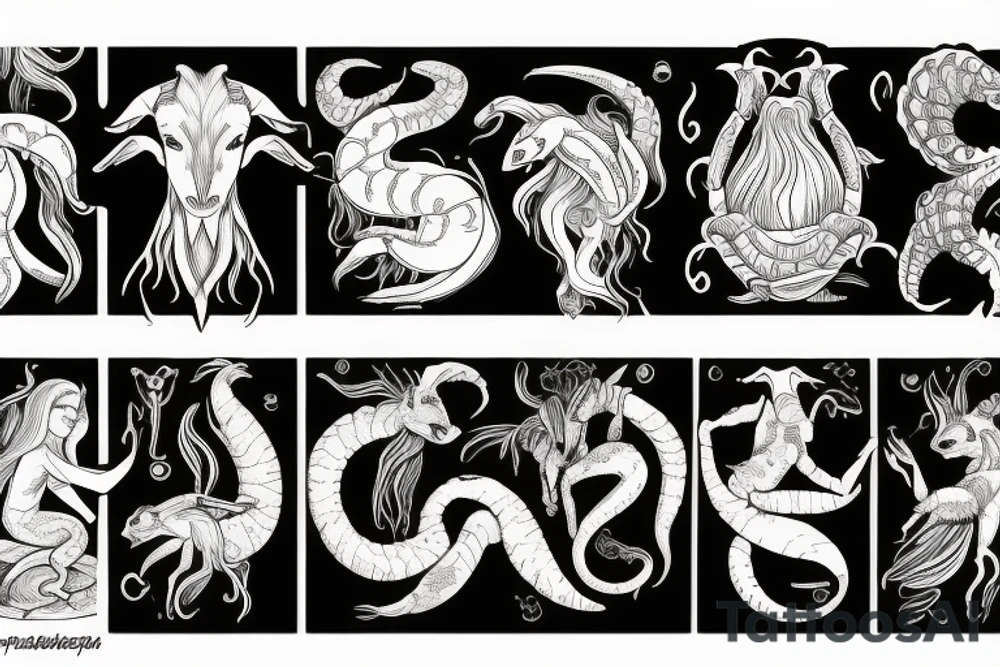 Goat mermaid, scorpion, libra scale tattoo idea