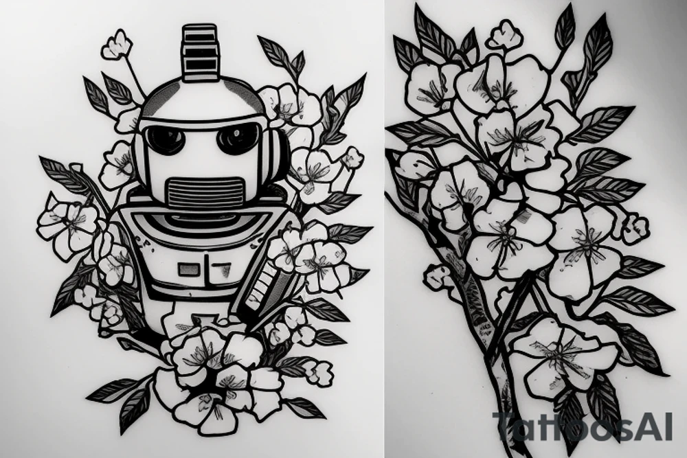 Head of a Zaku robot overlayed on top of a cherry blossom tree branch tattoo idea