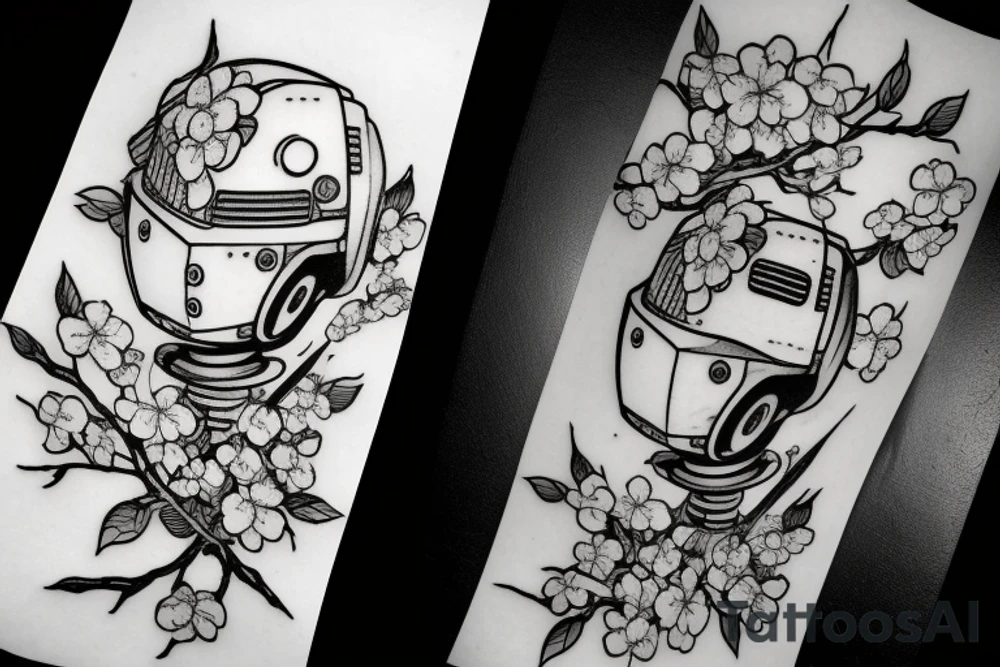 Head of a Zaku robot overlayed on top of a cherry blossom tree branch tattoo idea