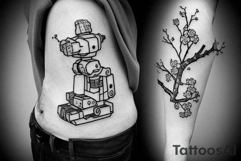 Head of a Zaku robot overlayed on top of a cherry blossom tree branch tattoo idea