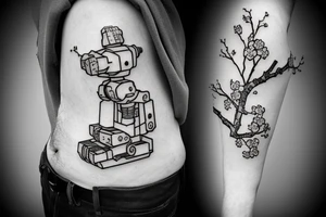 Head of a Zaku robot overlayed on top of a cherry blossom tree branch tattoo idea