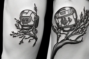 Head of a Zaku robot overlayed on top of a cherry blossom tree branch tattoo idea