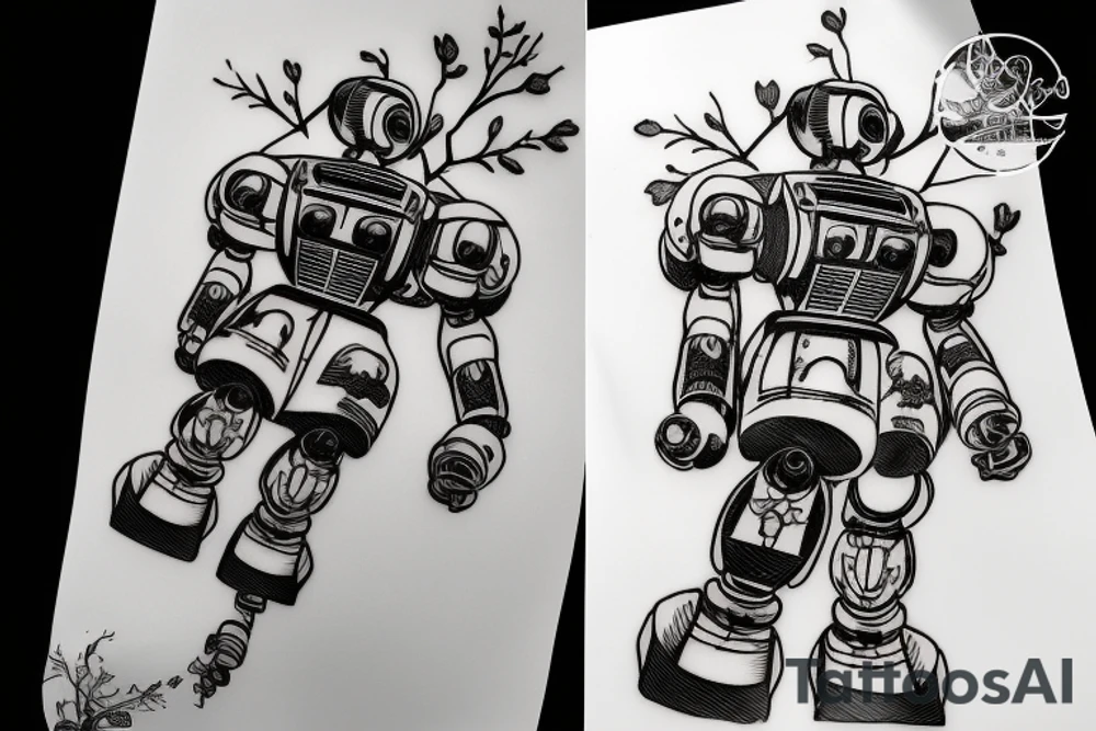 Image of a Zaku robot overlayed on top of a cherry blossom tree branch tattoo idea