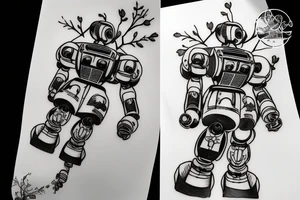 Image of a Zaku robot overlayed on top of a cherry blossom tree branch tattoo idea