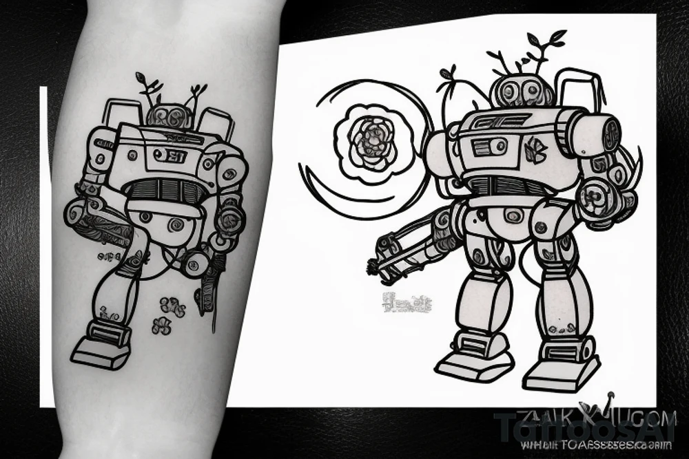 Image of a Zaku robot overlayed on top of a cherry blossom tree branch tattoo idea