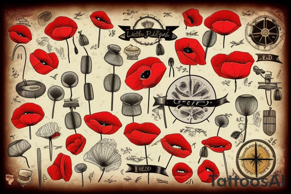 Old map background with poppy field tattoo idea