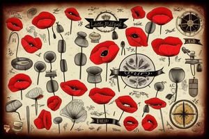Old map background with poppy field tattoo idea