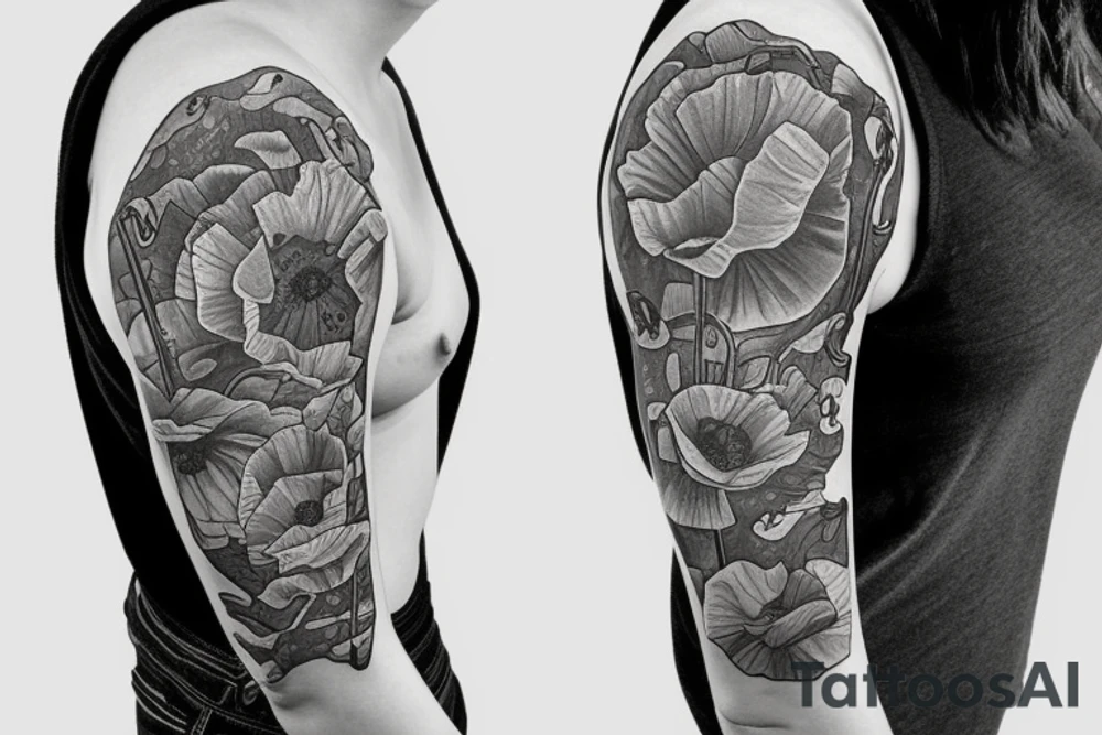A poppy flower with a large map back drop tattoo idea