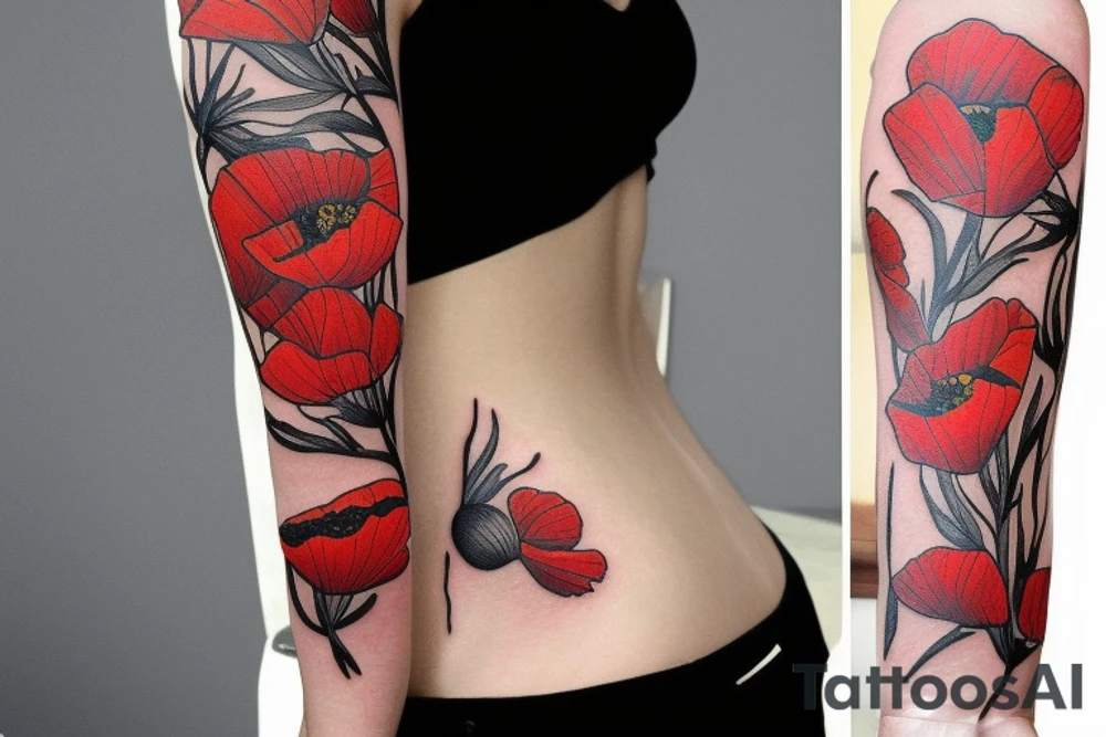 A poppy flower with a large map back drop tattoo idea