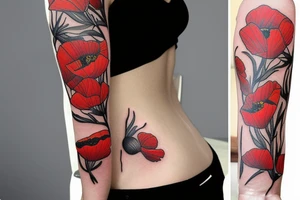 A poppy flower with a large map back drop tattoo idea