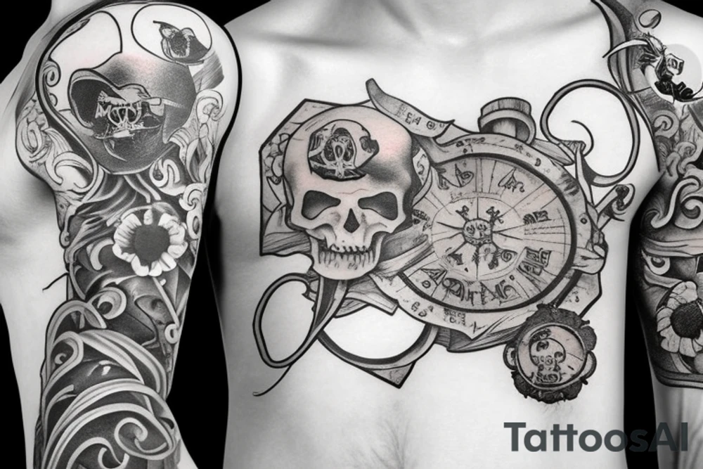 A poppy flower with a pirate map back drop tattoo idea