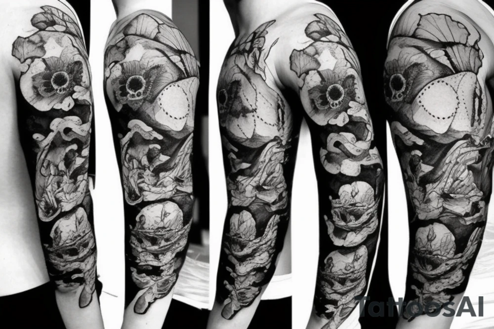 A poppy flower with a pirate map back drop tattoo idea
