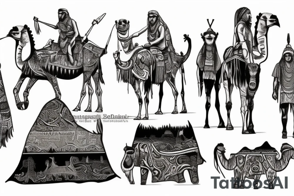 landscape of the algerian Sahara with touaregs and camels traveling tattoo idea