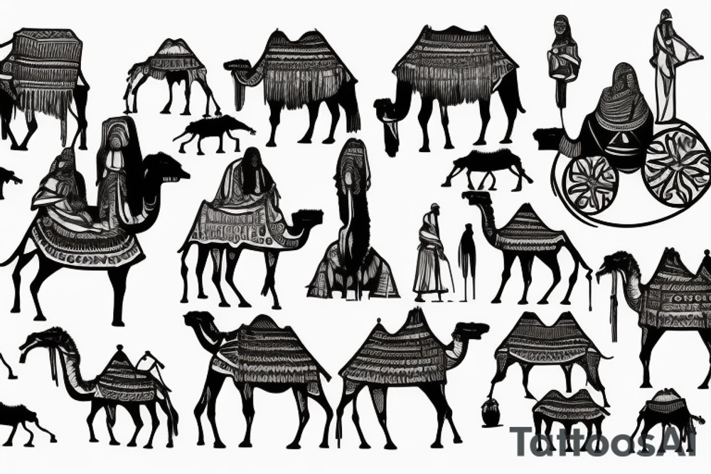 landscape of the algerian Sahara with touaregs and camels traveling tattoo idea