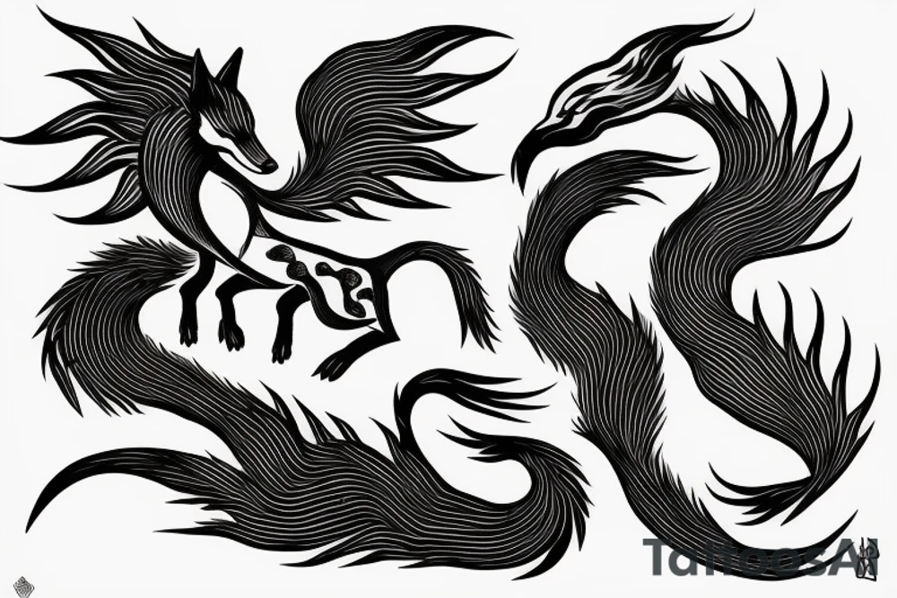 nine tailed fox leaping forward holding katana tattoo idea
