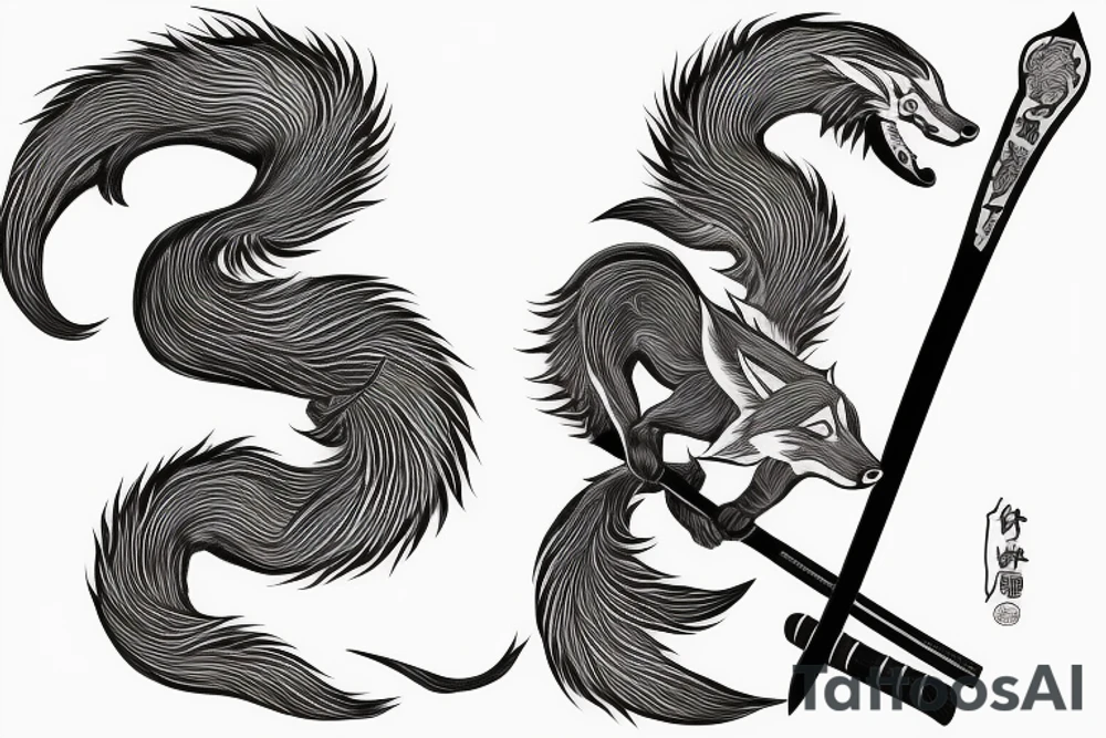 nine tailed fox leaping forward holding katana tattoo idea