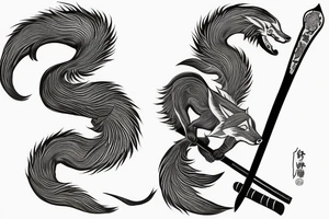 nine tailed fox leaping forward holding katana tattoo idea