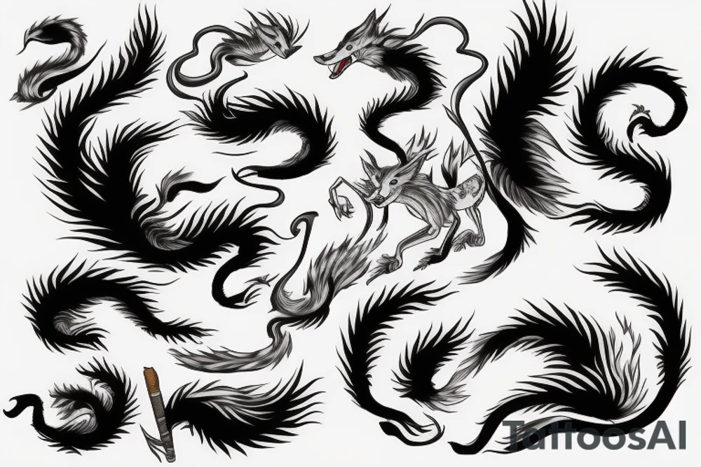 nine tailed fox leaping forward holding katana tattoo idea