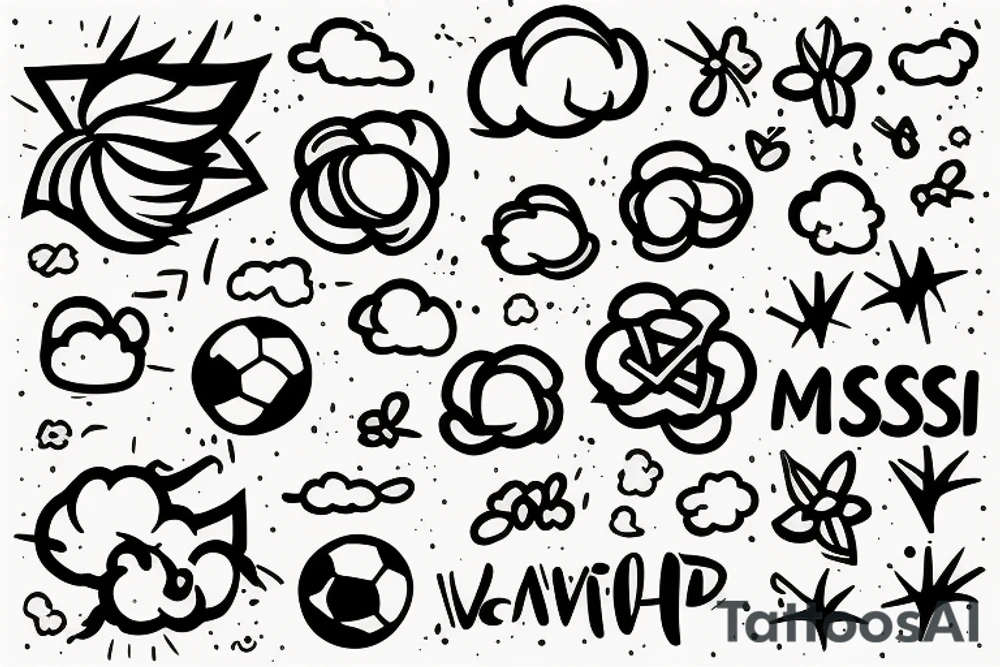 clouds, rectangle, messi with world cup, flowers tattoo idea