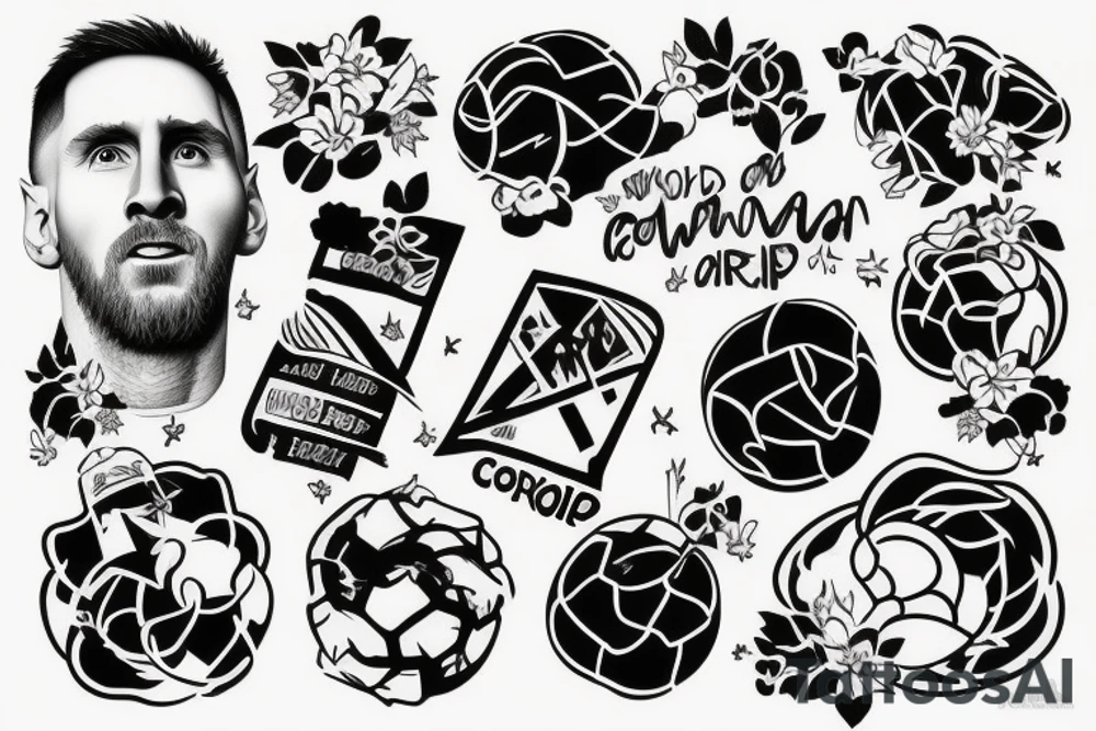 clouds, rectangle, messi with world cup, flowers tattoo idea