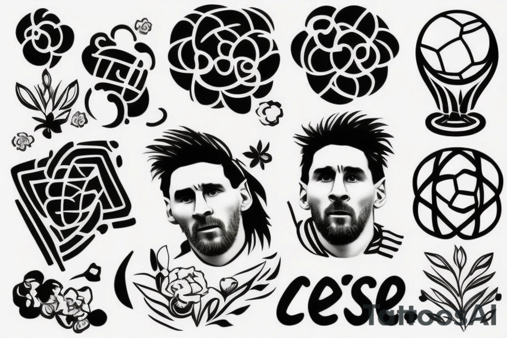 clouds, rectangle, messi with world cup, flowers tattoo idea