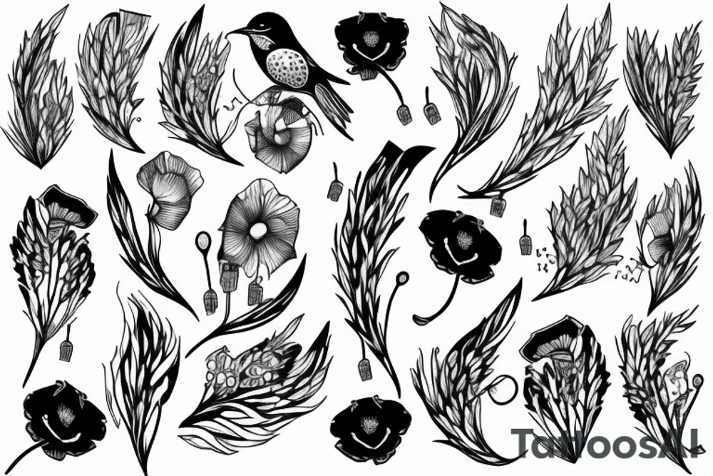 nightingale flying around stem of poppy tattoo idea