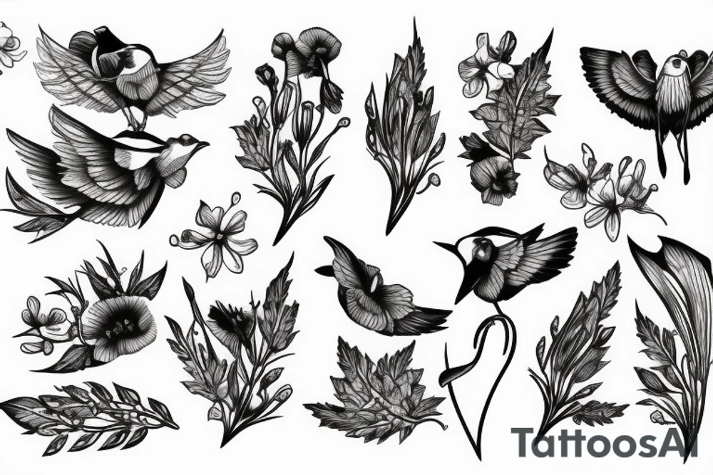 nightingale flying around stem of poppy tattoo idea
