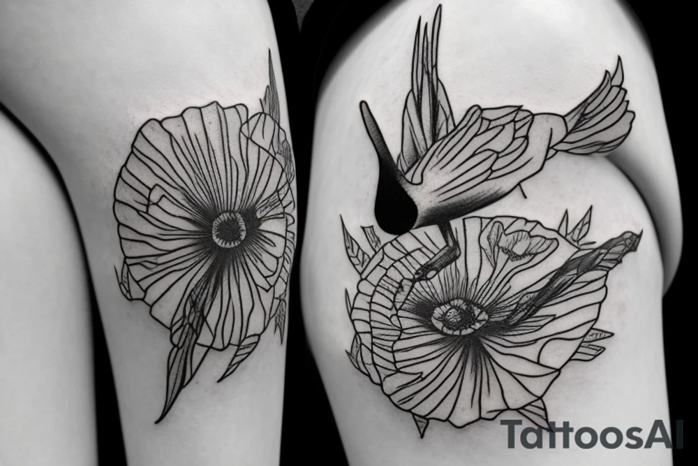 nightingale bird flying around the stem of the poppy tattoo idea