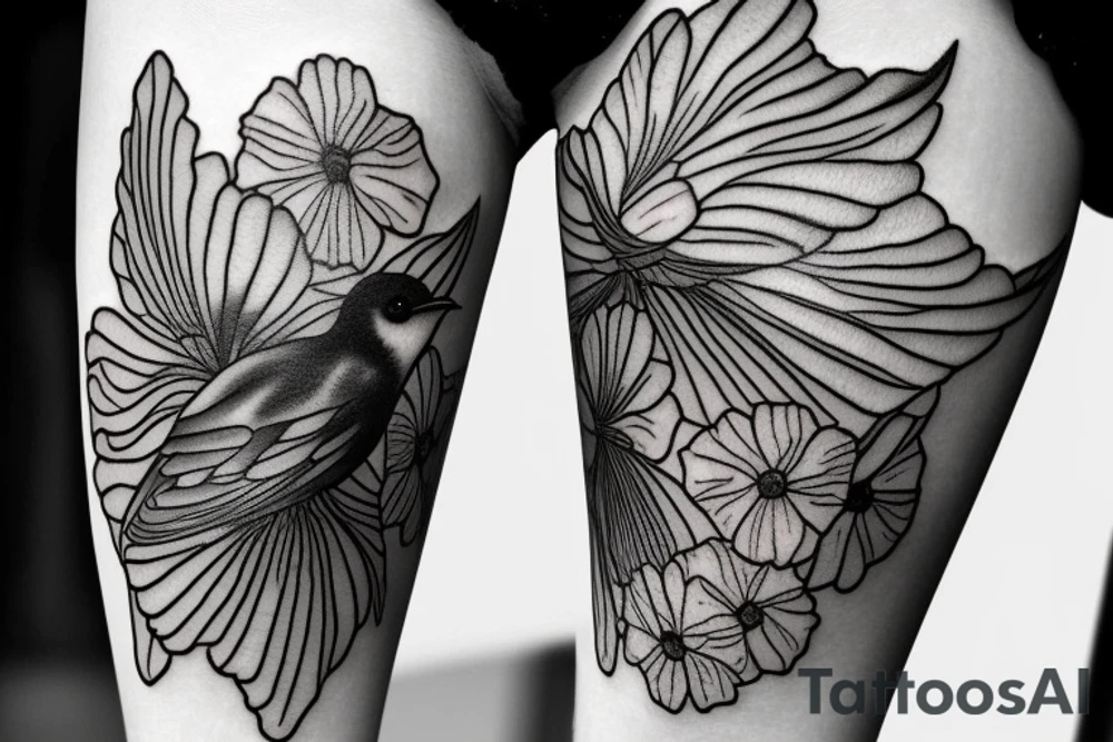 nightingale bird flying around the stem of the poppy tattoo idea
