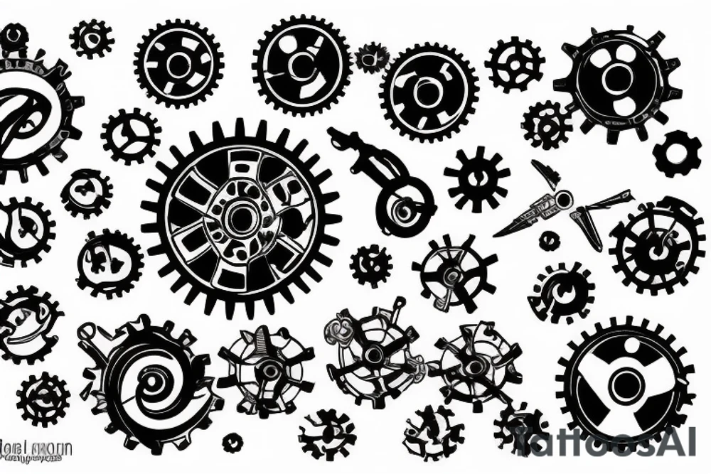 A planet of gears with a red flag on it. tattoo idea