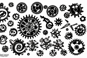 A planet of gears with a red flag on it. tattoo idea