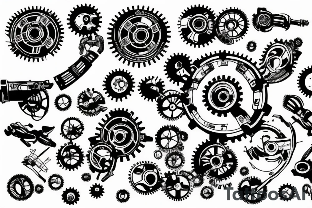 A planet of gears with a red flag on it. tattoo idea
