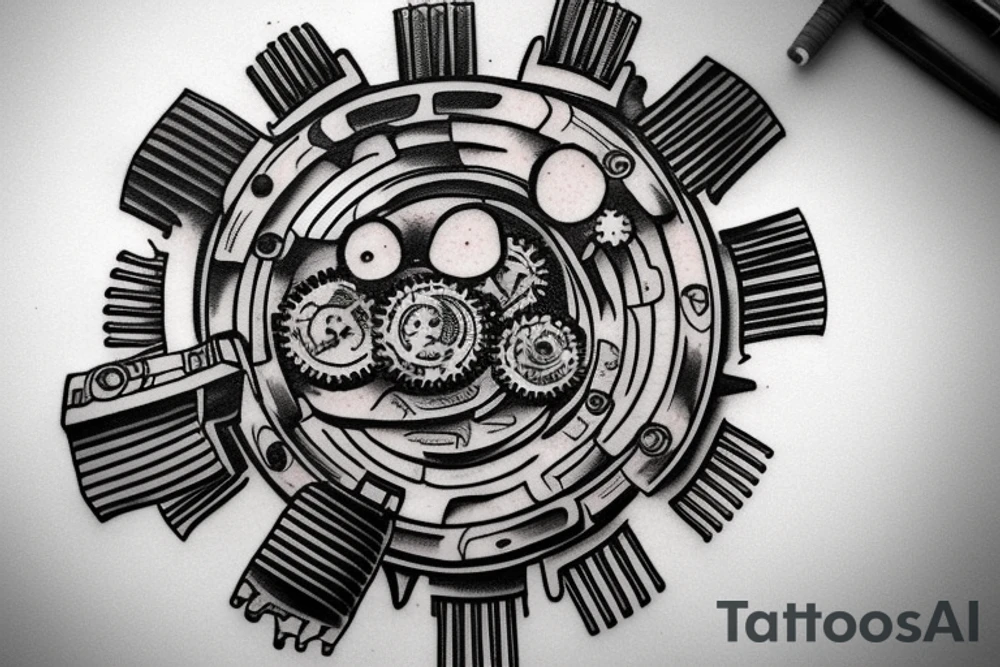 A planet of gears with a red flag on it. tattoo idea