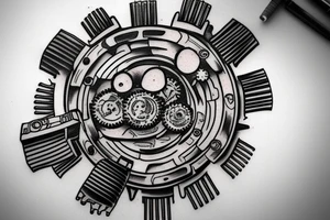 A planet of gears with a red flag on it. tattoo idea