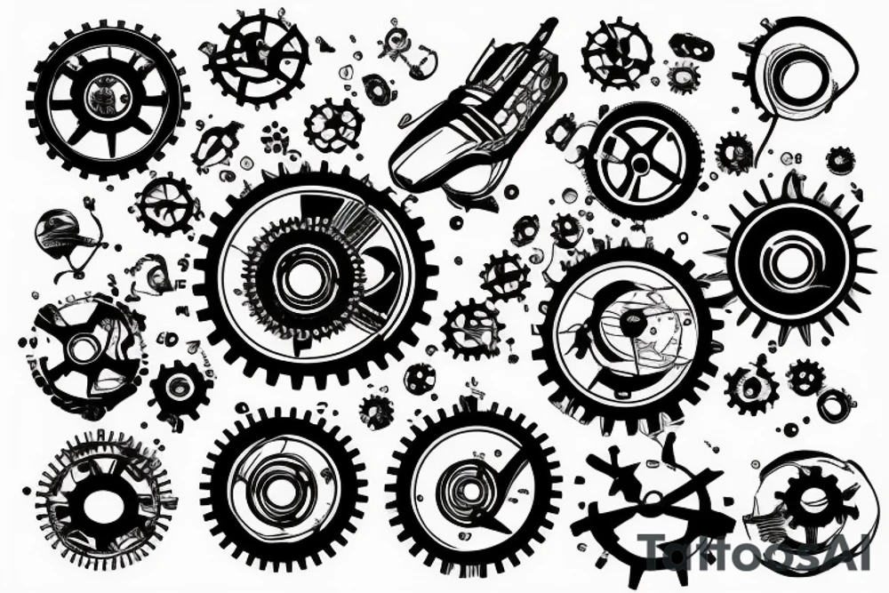 A planet of gears with a red flag on it. tattoo idea