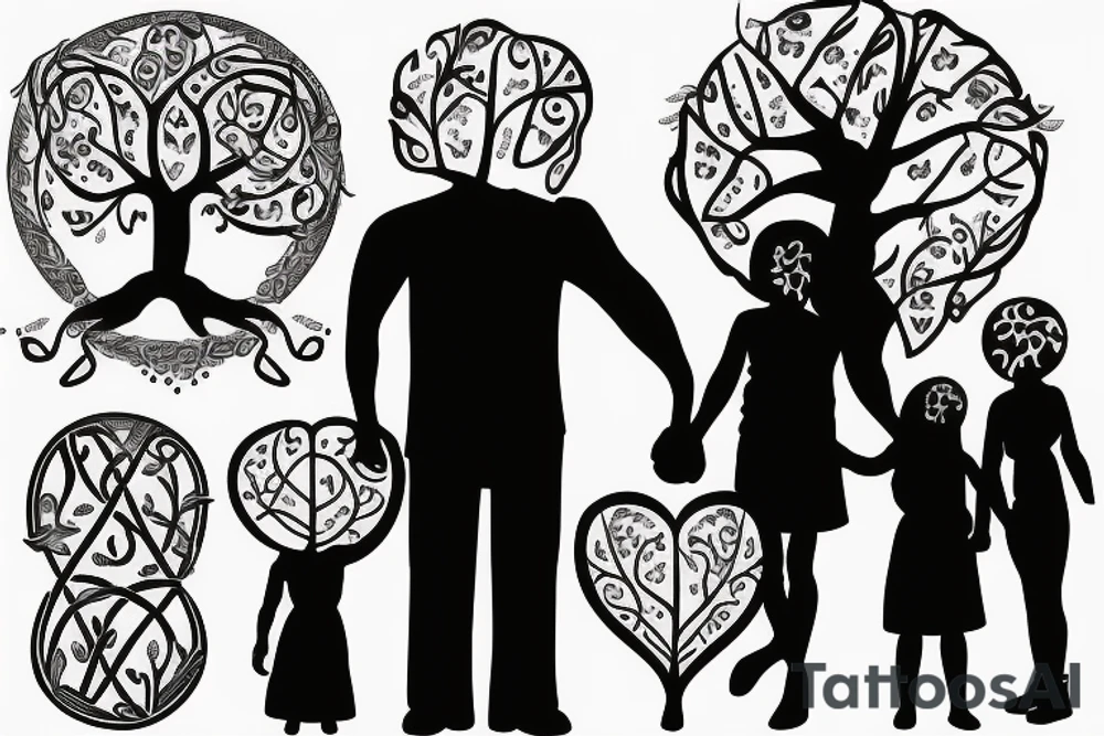 Mother and father with two little girls tree of life tattoo idea