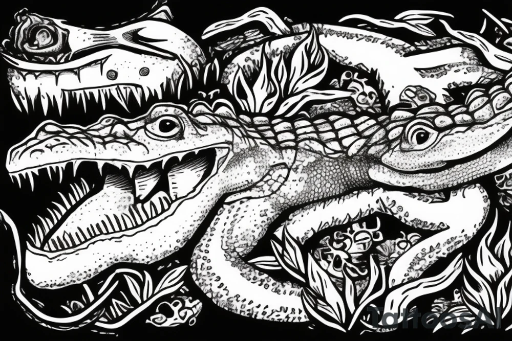 A alligator in a swamp with skulls tattoo idea