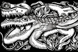 A alligator in a swamp with skulls tattoo idea