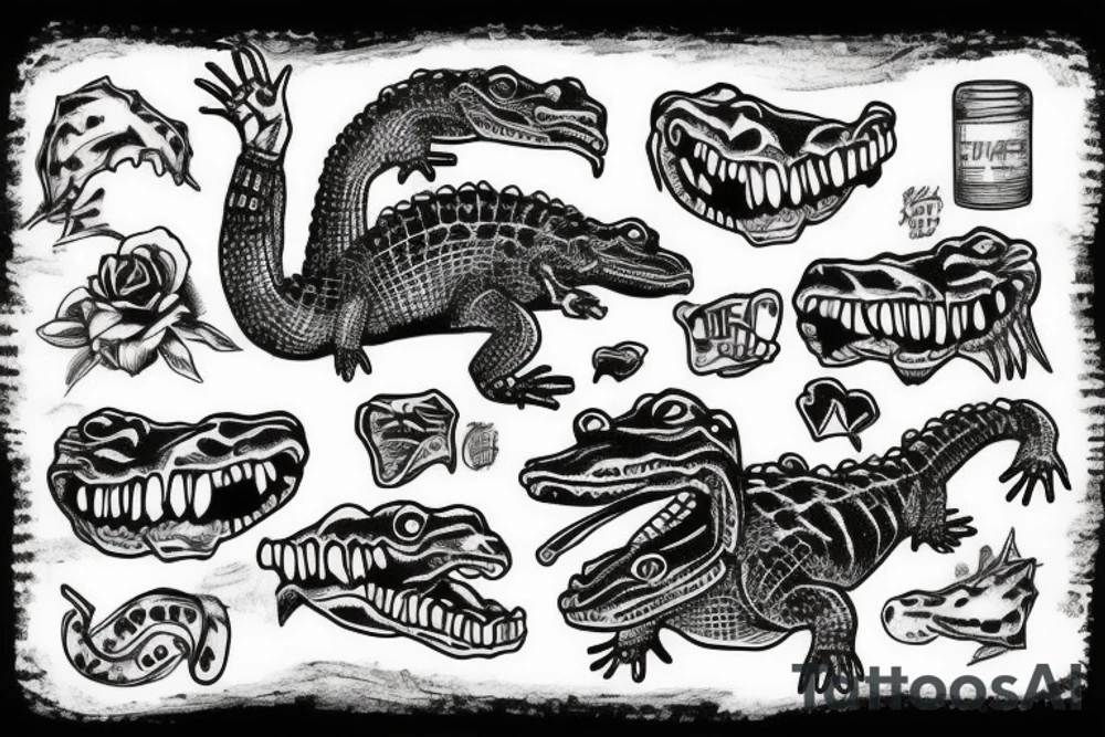 A alligator in a swamp with skulls tattoo idea