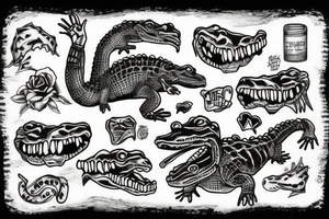 A alligator in a swamp with skulls tattoo idea