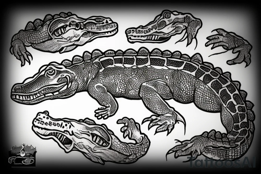 A alligator in a swamp with skulls tattoo idea