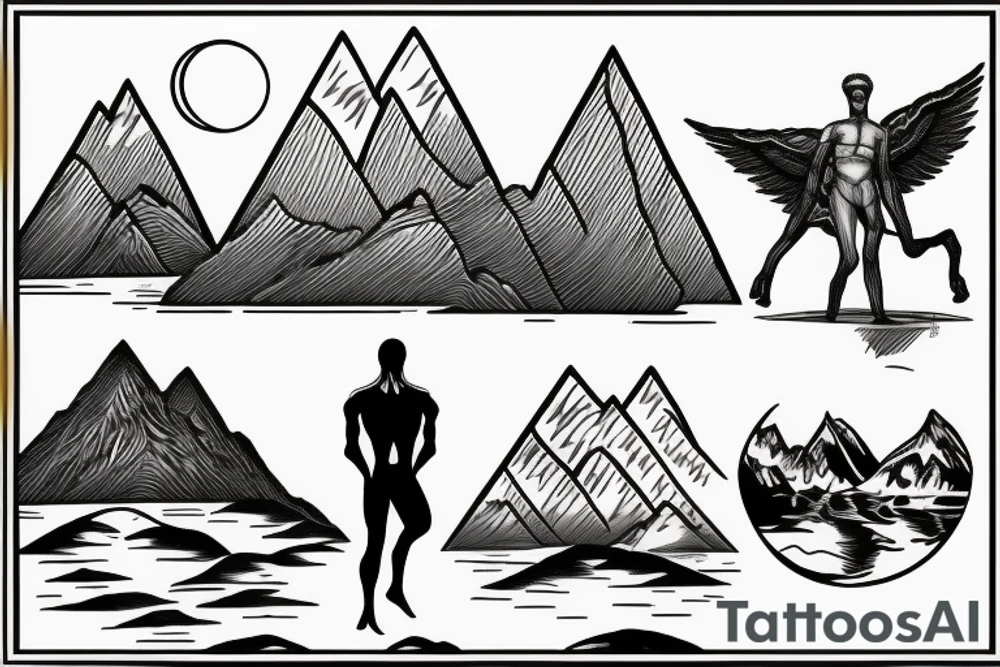 Homo erectus standing on the lakeshore, with a mountain rising behind him tattoo idea