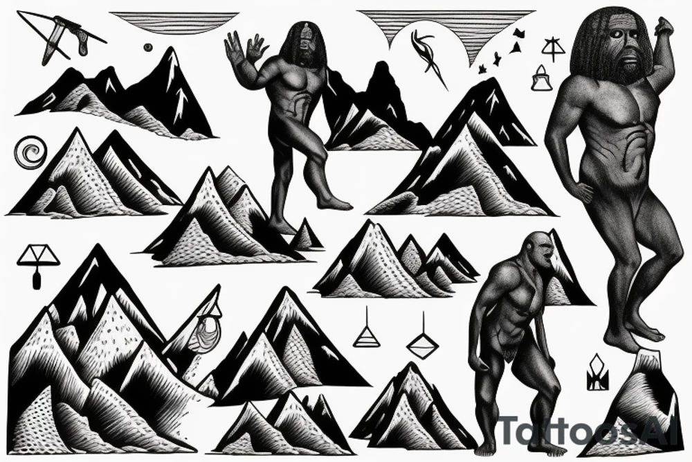 Homo erectus standing on the lakeshore, with a mountain rising behind him tattoo idea