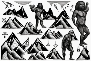 Homo erectus standing on the lakeshore, with a mountain rising behind him tattoo idea